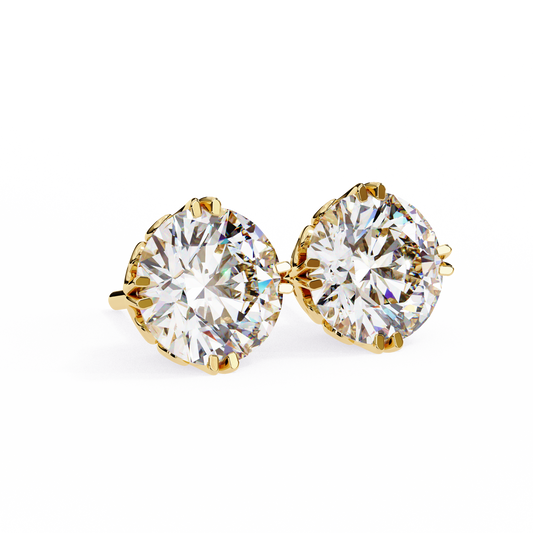 Yellow Gold Round Cut Diamond Six Prong Solitaire Stud Earrings - 2.57 Carat
