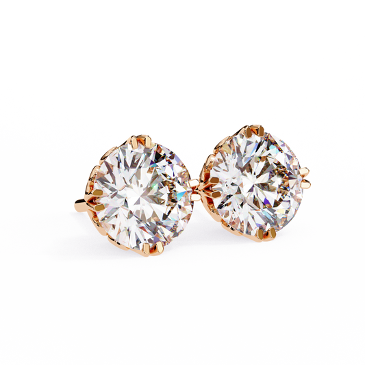 Yellow Gold Round Cut Diamond Six Prong Solitaire Stud Earrings - 2.57 Carat