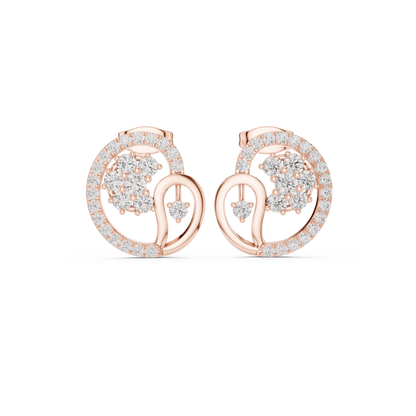 Yellow Gold Paisley Swirl & Floral Cluster Stud Earrings with 1.08 Diamonds