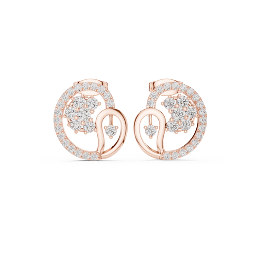 Yellow Gold Paisley Swirl & Floral Cluster Stud Earrings with 1.08 Diamonds