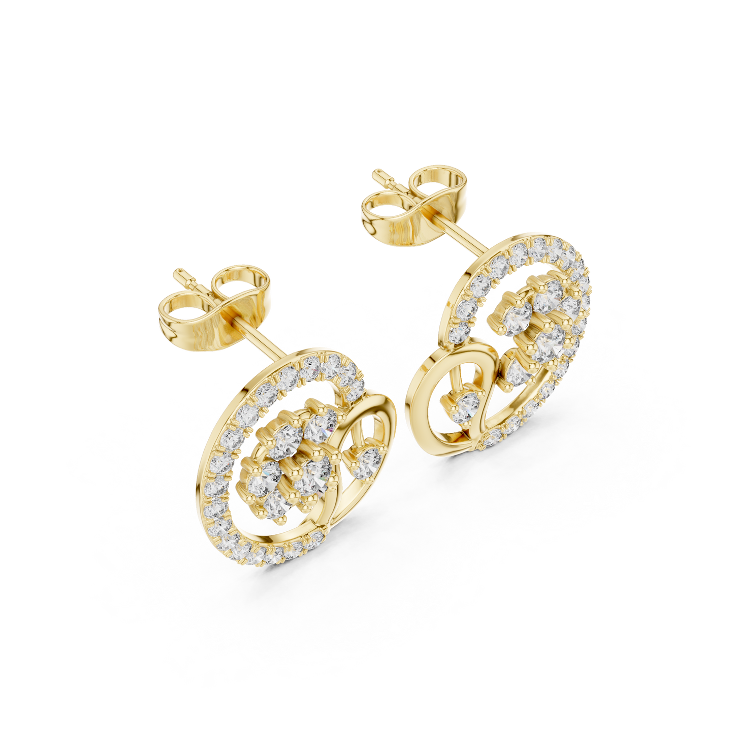 Yellow Gold Paisley Swirl & Floral Cluster Stud Earrings with 1.08 Diamonds
