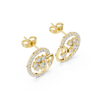 Yellow Gold Paisley Swirl & Floral Cluster Stud Earrings with 1.08 Diamonds