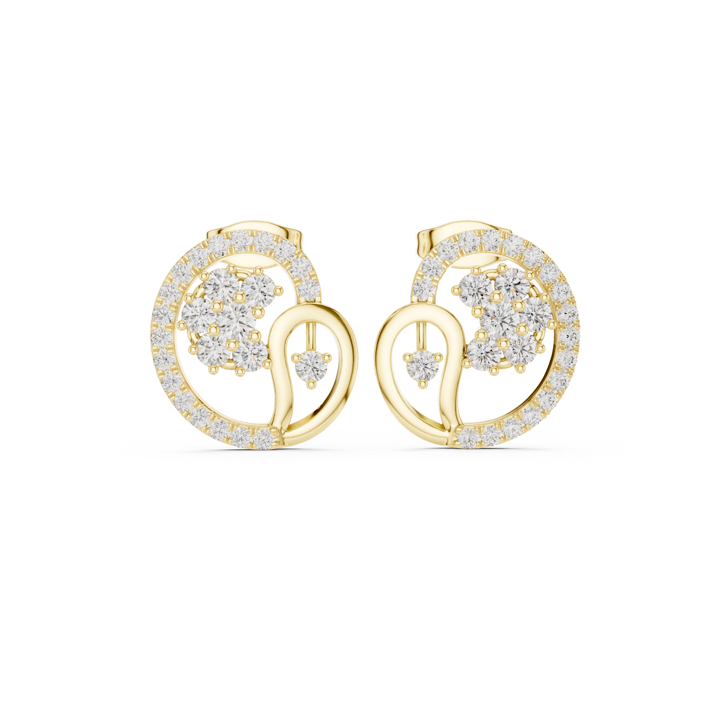 Yellow Gold Paisley Swirl & Floral Cluster Stud Earrings with 1.08 Diamonds