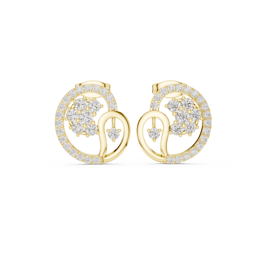 Yellow Gold Paisley Swirl & Floral Cluster Stud Earrings with 1.08 Diamonds