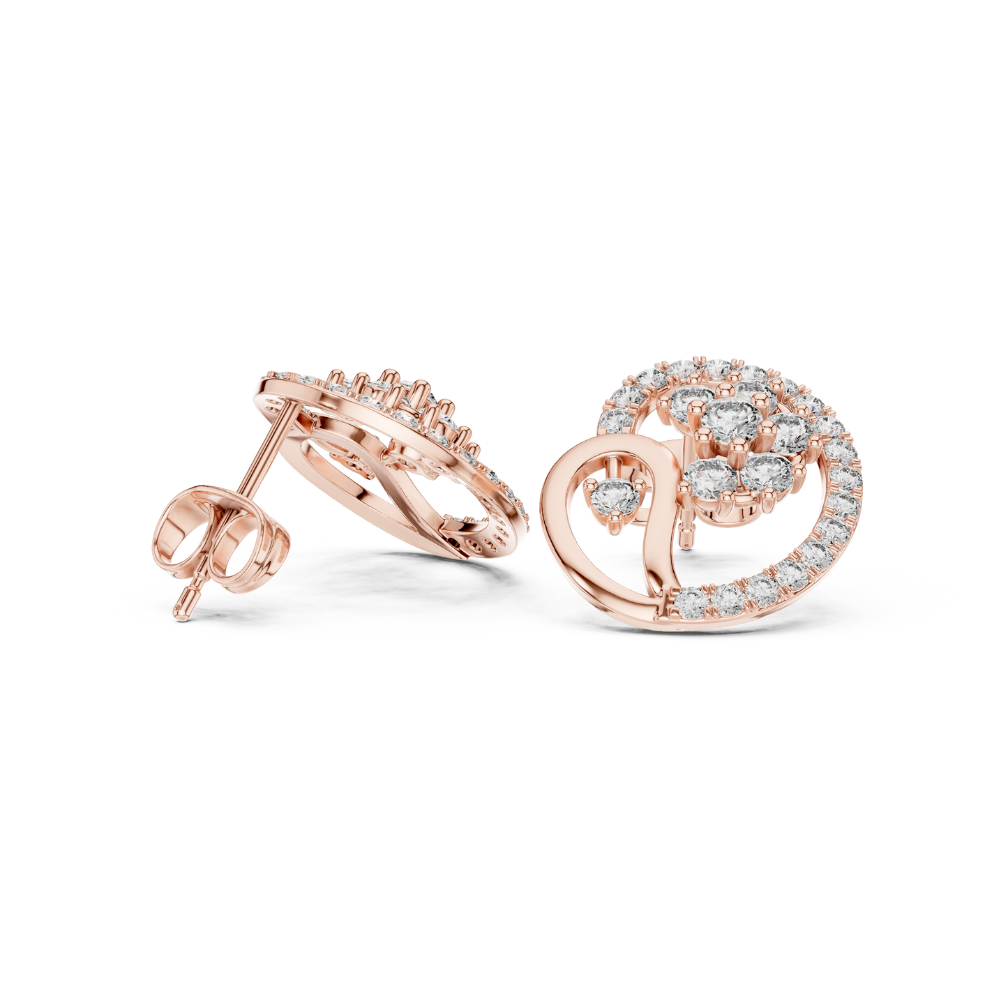 Yellow Gold Paisley Swirl & Floral Cluster Stud Earrings with 1.08 Diamonds