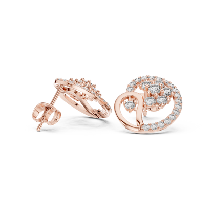 Yellow Gold Paisley Swirl & Floral Cluster Stud Earrings with 1.08 Diamonds