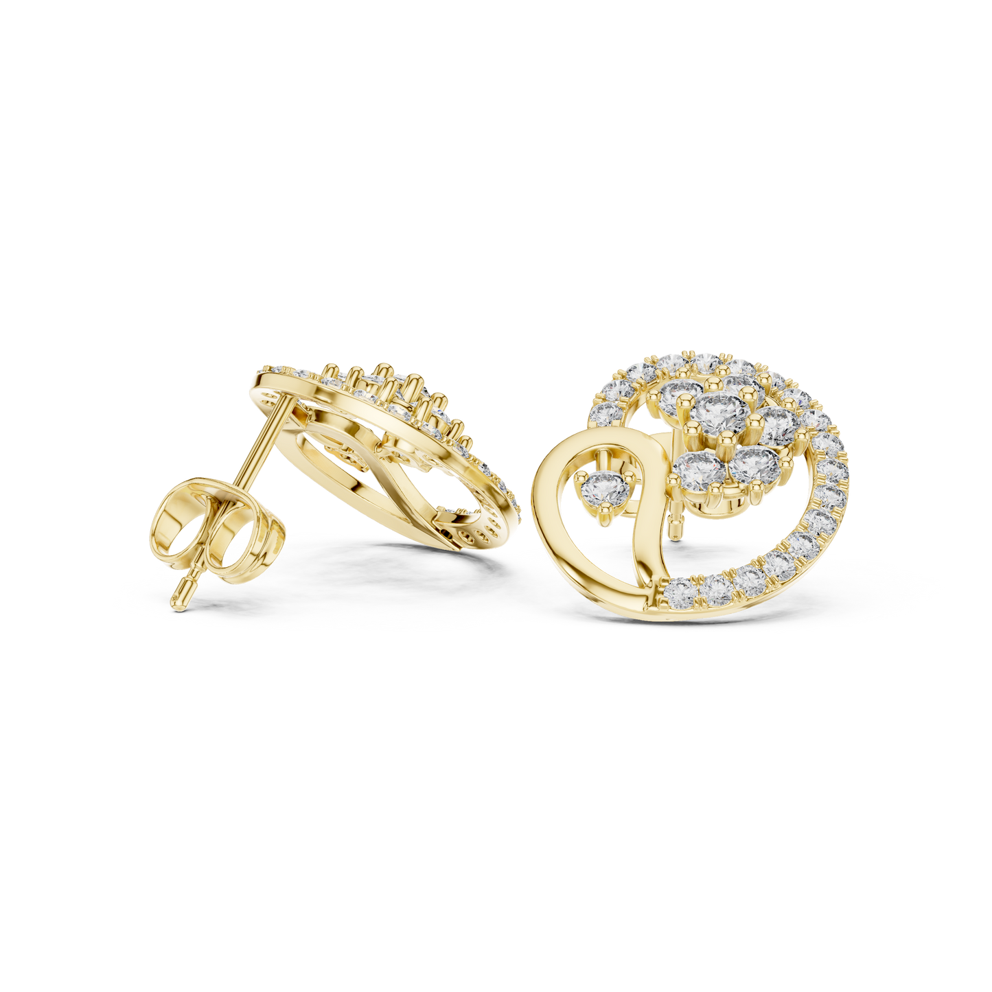 Yellow Gold Paisley Swirl & Floral Cluster Stud Earrings with 1.08 Diamonds