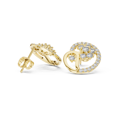 Yellow Gold Paisley Swirl & Floral Cluster Stud Earrings with 1.08 Diamonds