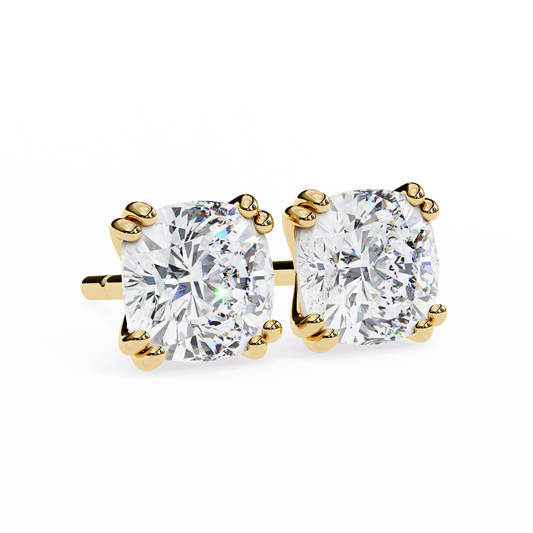 Yellow Gold Cushion Cut Diamond Solitaire Stud Earrings - 2.24 Carat