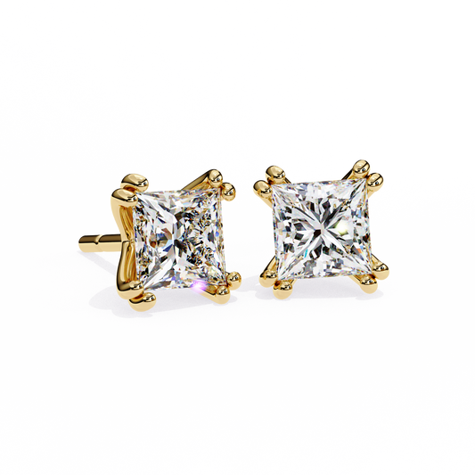 Yellow Gold Princess Cut Diamond Solitaire Stud Earrings - 3.04 Carat