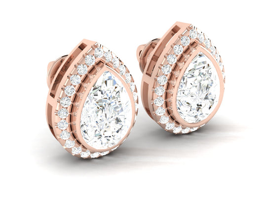 Layered Pear Halo Diamond Stud Earrings - 5.71 Ct Round Brilliant Cut