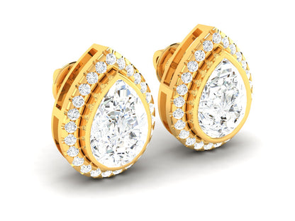 Layered Pear Halo Diamond Stud Earrings - 5.71 Ct Round Brilliant Cut