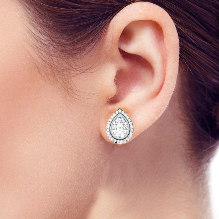 Layered Pear Halo Diamond Stud Earrings - 5.71 Ct Round Brilliant Cut