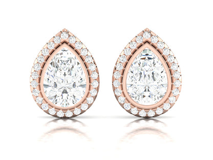 Layered Pear Halo Diamond Stud Earrings - 5.71 Ct Round Brilliant Cut