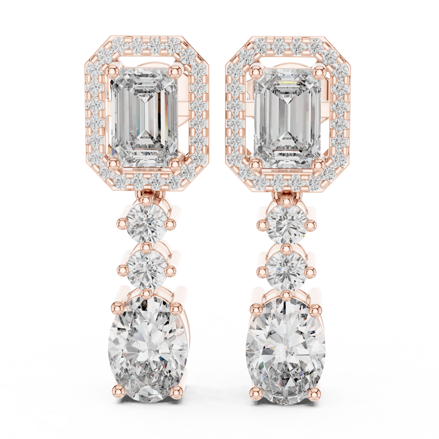 3.03 CTW Emerald and Oval Diamond Halo Drop Earrings in Yellow Gold