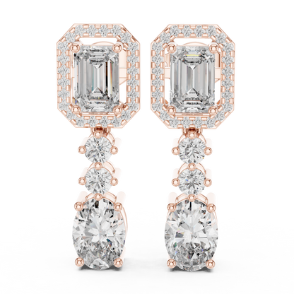 3.03 CTW Emerald and Oval Diamond Halo Drop Earrings in Yellow Gold