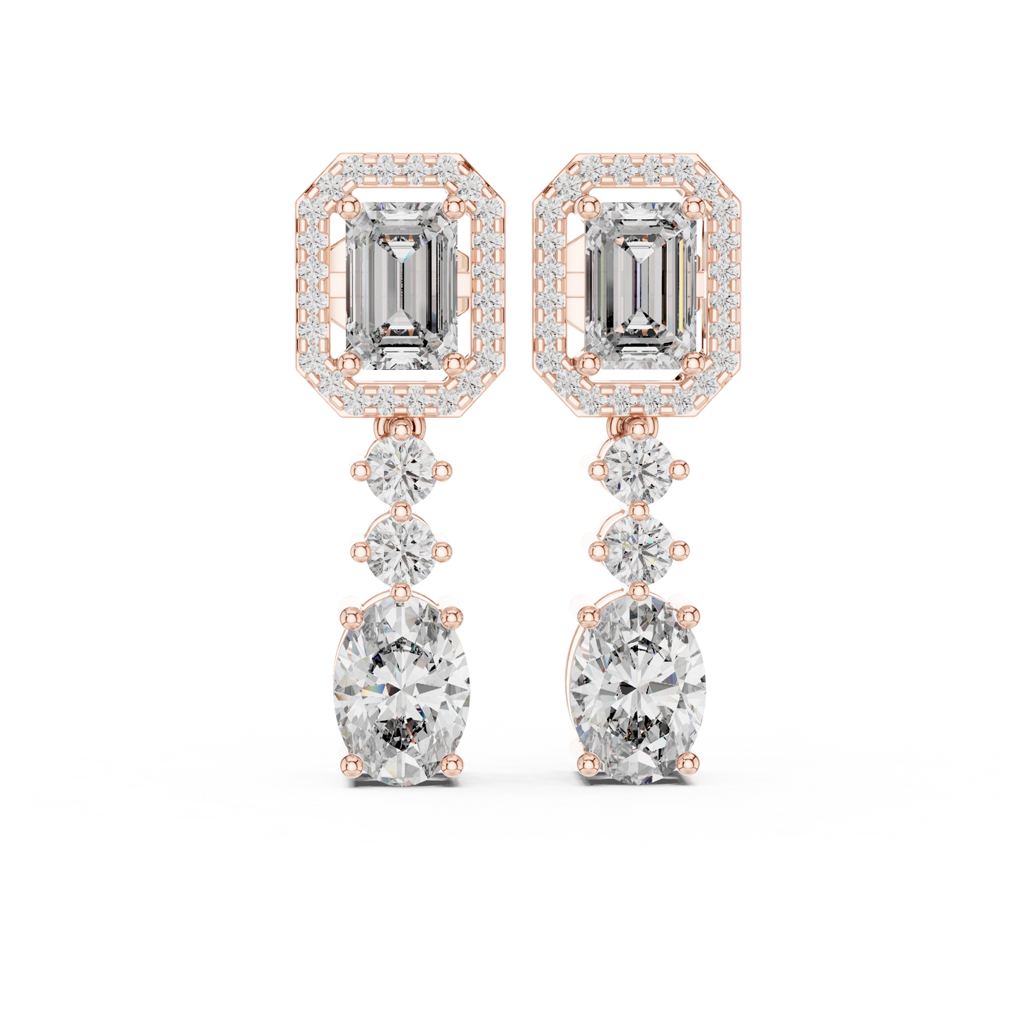 3.03 CTW Emerald and Oval Diamond Halo Drop Earrings in Yellow Gold