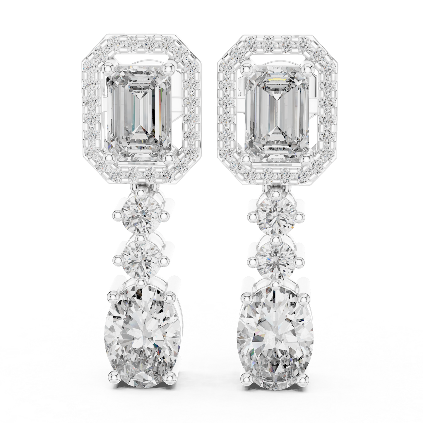 3.03 CTW Emerald and Oval Diamond Halo Drop Earrings in Yellow Gold