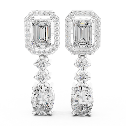 3.03 CTW Emerald and Oval Diamond Halo Drop Earrings in Yellow Gold