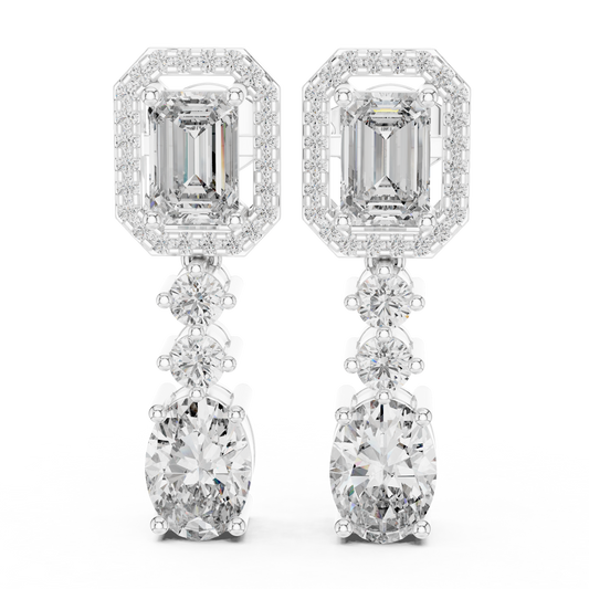 3.03 CTW Emerald and Oval Diamond Halo Drop Earrings in Yellow Gold