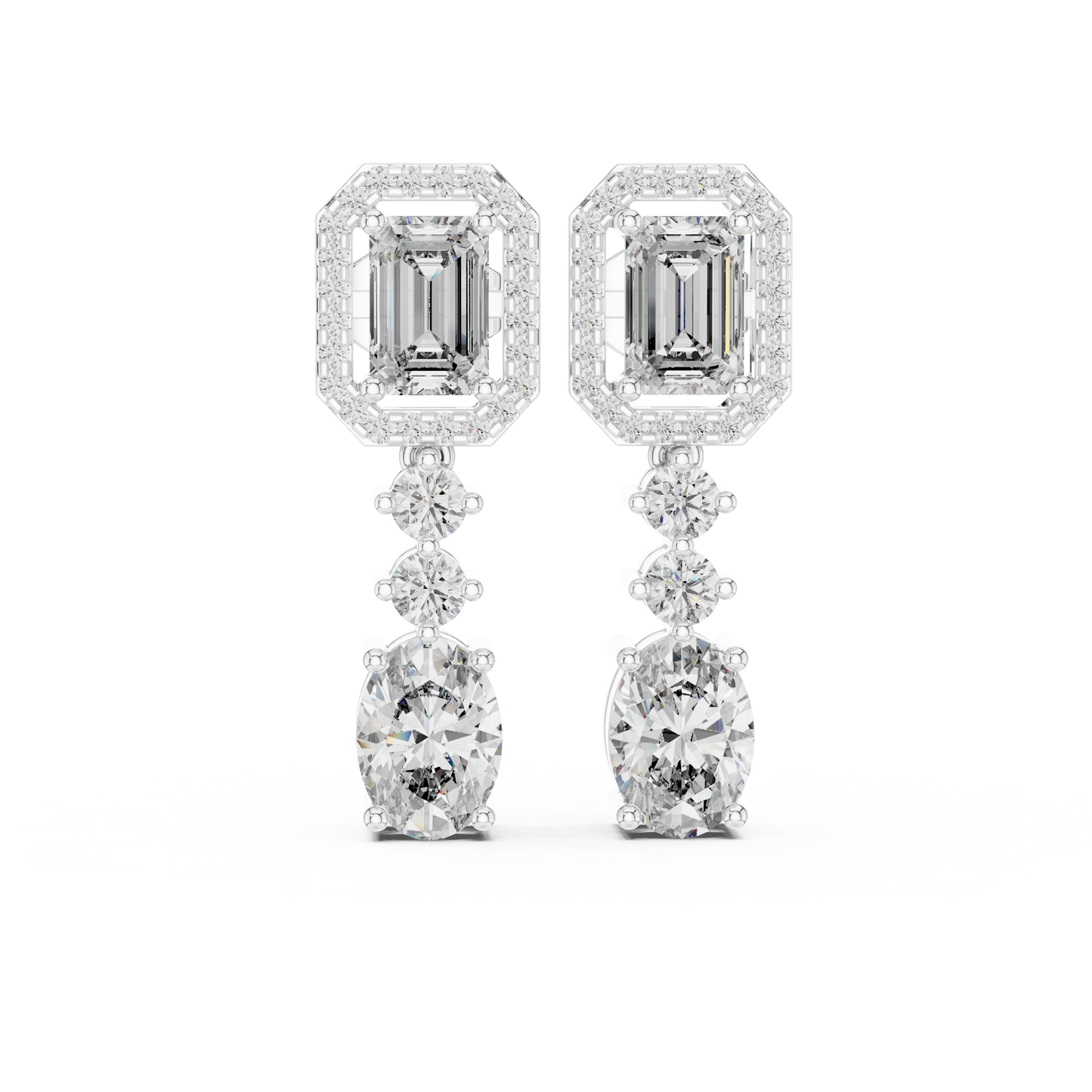 3.03 CTW Emerald and Oval Diamond Halo Drop Earrings in Yellow Gold