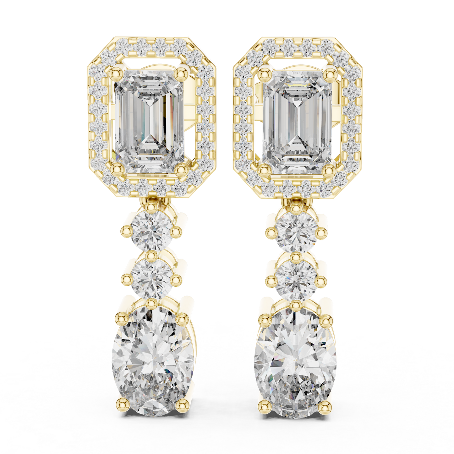 3.03 CTW Emerald and Oval Diamond Halo Drop Earrings in Yellow Gold