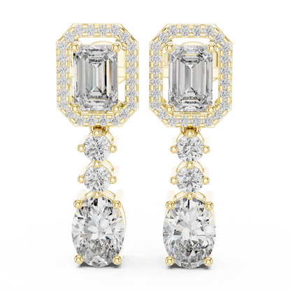 3.03 CTW Emerald and Oval Diamond Halo Drop Earrings in Yellow Gold