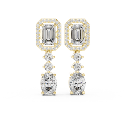 3.03 CTW Emerald and Oval Diamond Halo Drop Earrings in Yellow Gold