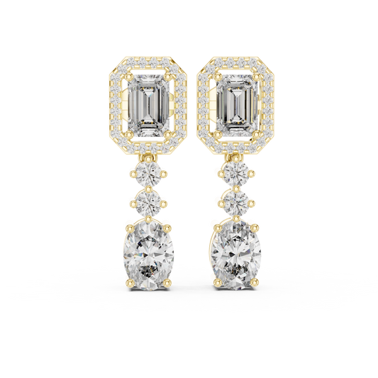 3.03 CTW Emerald and Oval Diamond Halo Drop Earrings in Yellow Gold