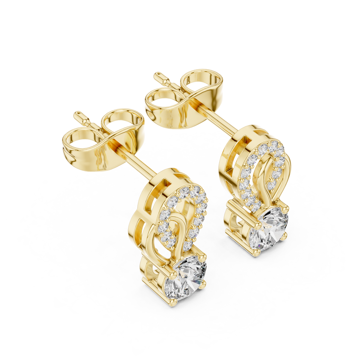 Gold Diamond Infinity Stud Earrings | 0.72ctw Round Diamond Ribbon Drop Earrings