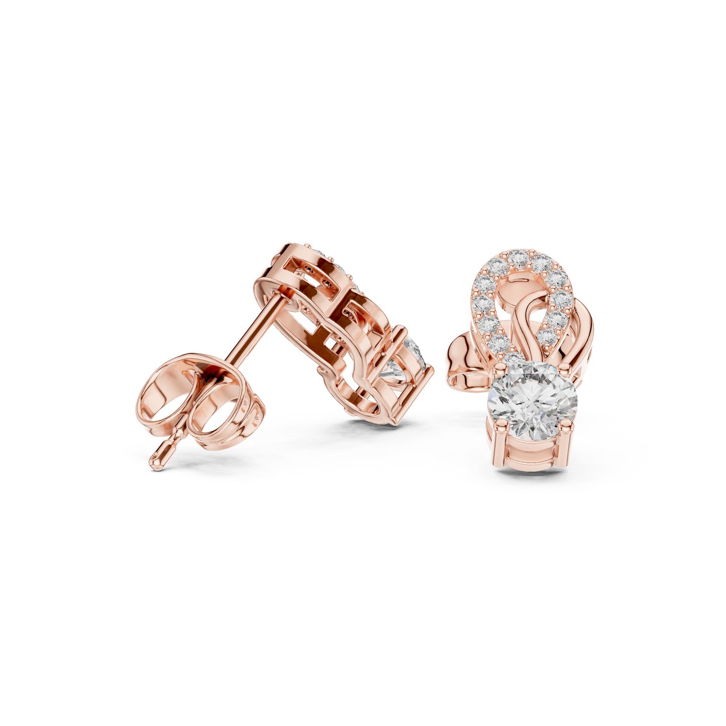 Gold Diamond Infinity Stud Earrings | 0.72ctw Round Diamond Ribbon Drop Earrings