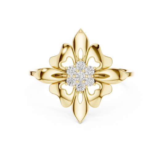 0.11 Carat Diamond Royal Blossom Crest Shield Ring | Yellow Gold