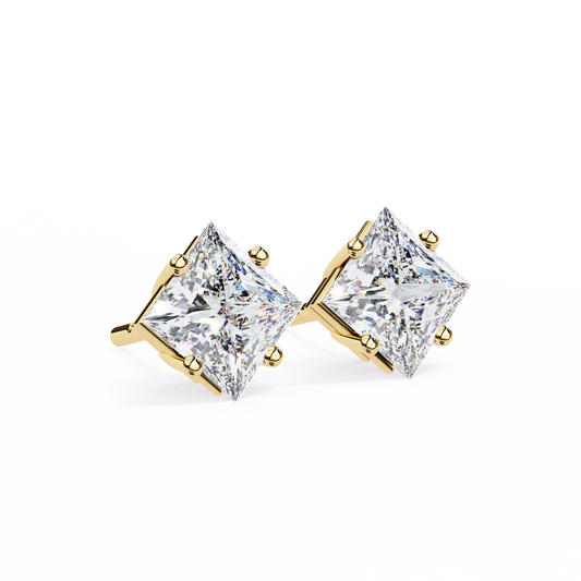 Yellow Gold Princess Cut Diamond Kite Set Stud Earrings - 2.39 Carat