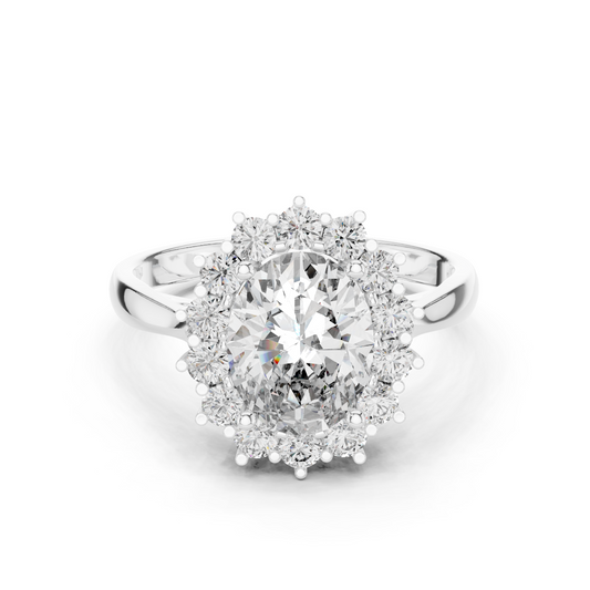 2.56CTW Oval Cut Diamond Sunburst Halo Engagement Ring in Yellow Gold