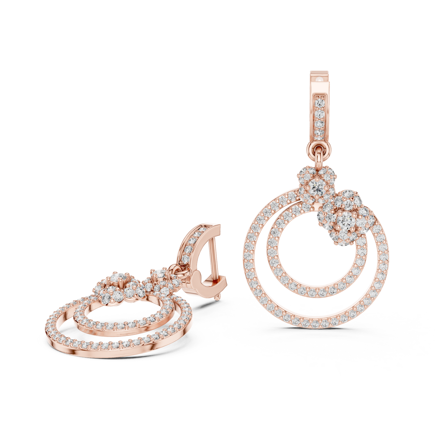 1.08 CTW Diamond Floral Orbit Double Hoop Drop Earrings in Gold