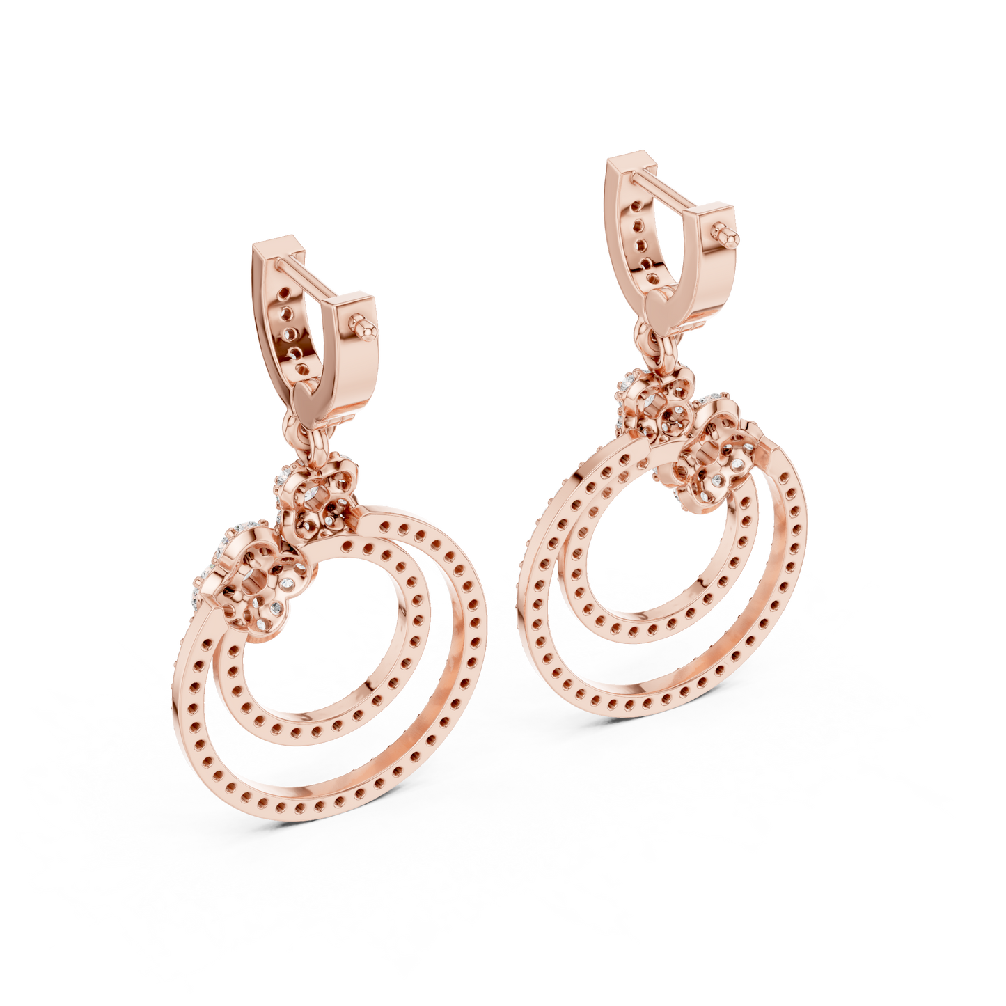 1.08 CTW Diamond Floral Orbit Double Hoop Drop Earrings in Gold