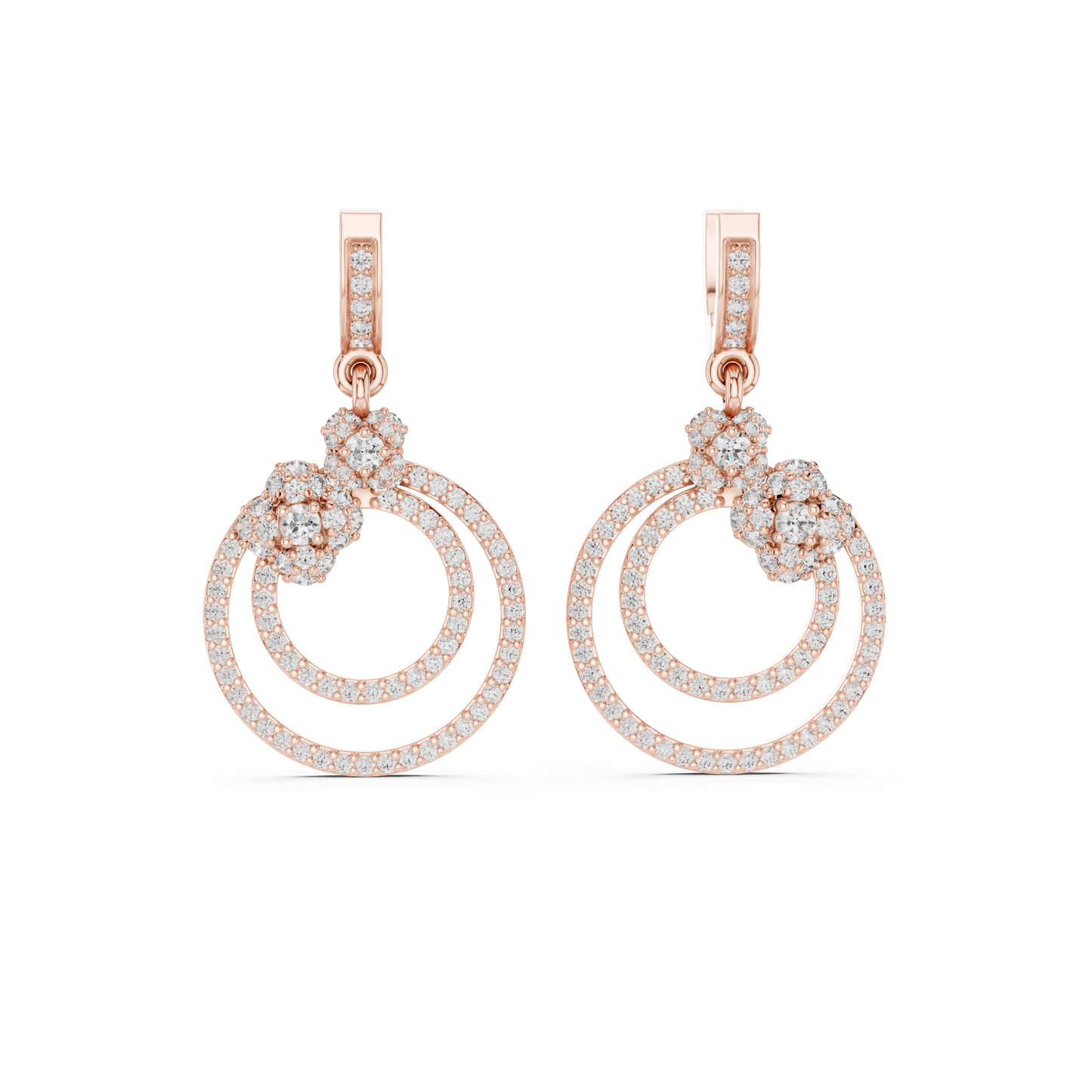 1.08 CTW Diamond Floral Orbit Double Hoop Drop Earrings in Gold