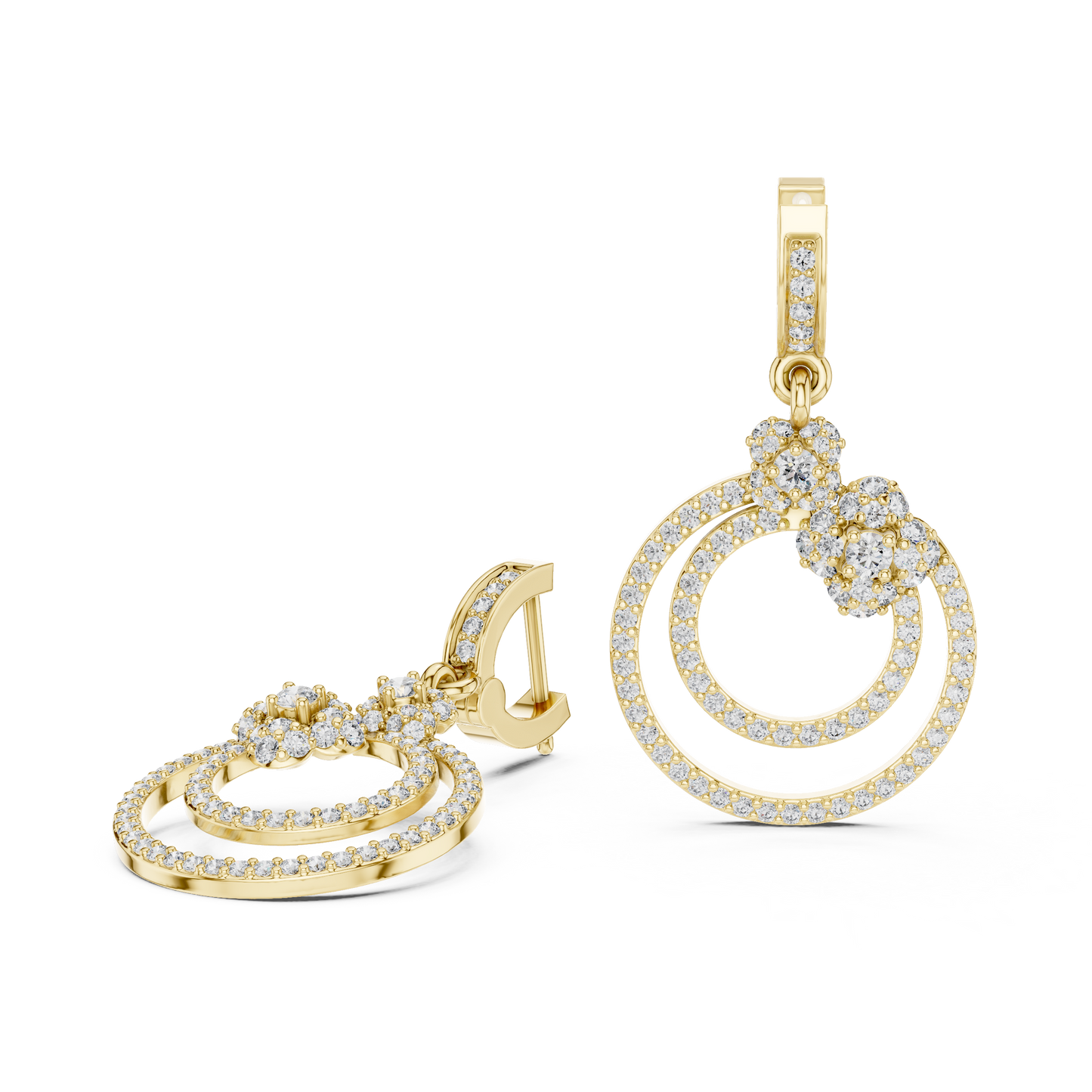 1.08 CTW Diamond Floral Orbit Double Hoop Drop Earrings in Gold
