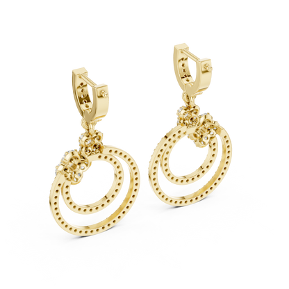 1.08 CTW Diamond Floral Orbit Double Hoop Drop Earrings in Gold