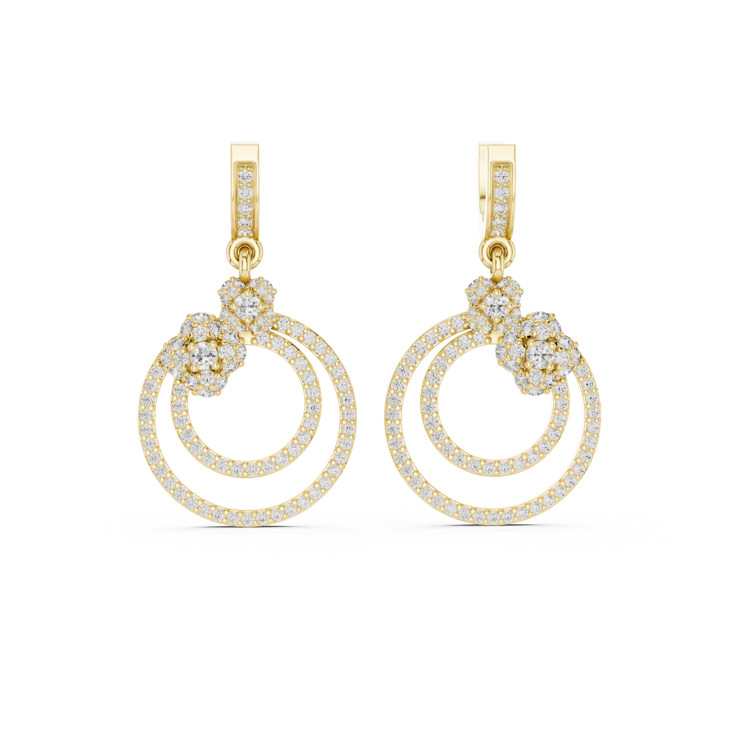 1.08 CTW Diamond Floral Orbit Double Hoop Drop Earrings in Gold
