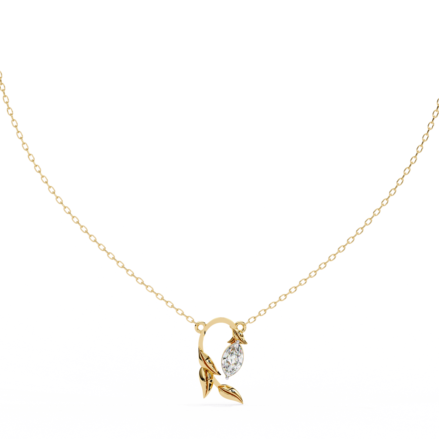 Golden Leaf Marquise Solitaire Necklace Pendent- 0.6 Ct Diamonds