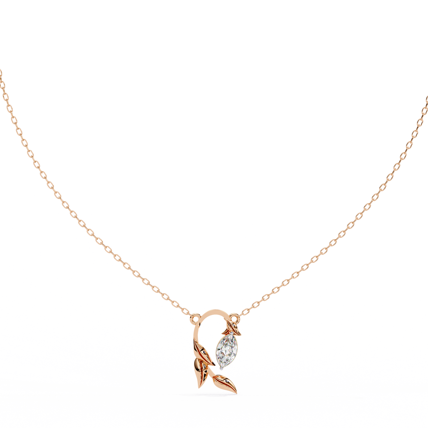 Golden Leaf Marquise Solitaire Necklace Pendent- 0.6 Ct Diamonds