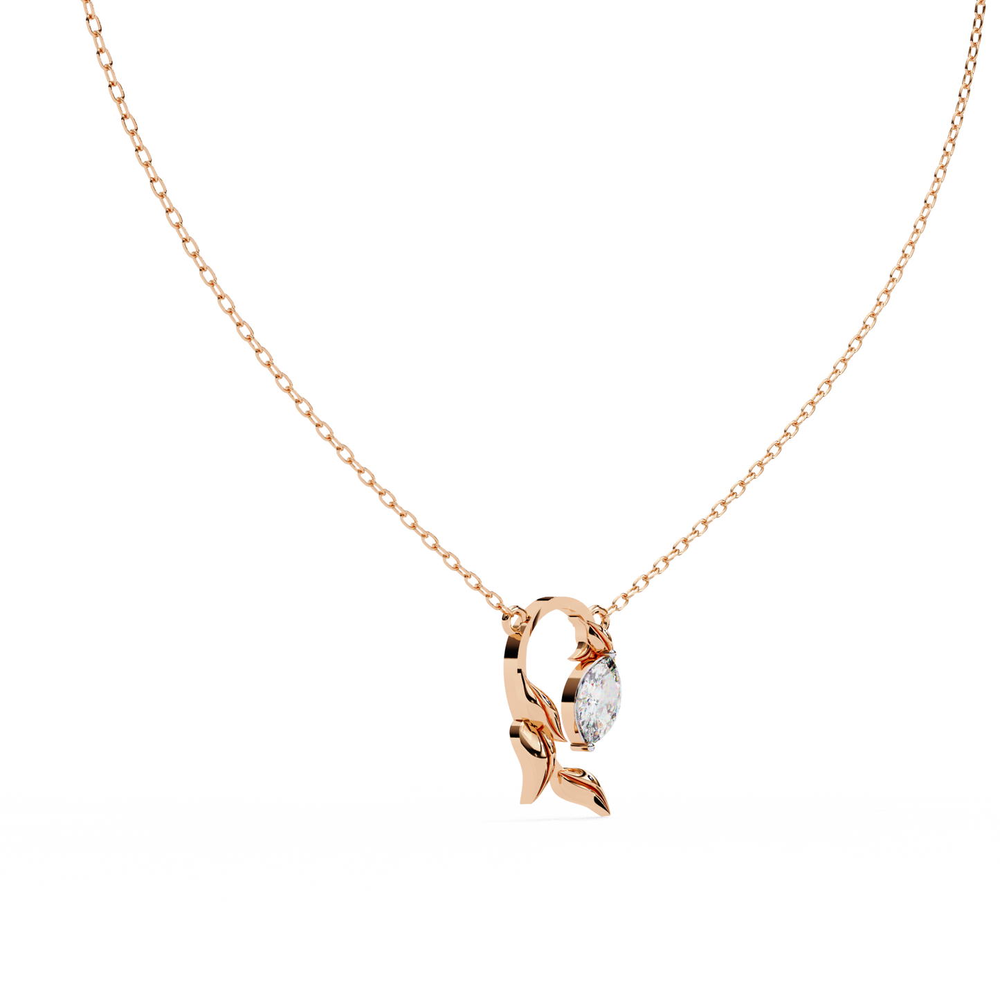 Golden Leaf Marquise Solitaire Necklace Pendent- 0.6 Ct Diamonds
