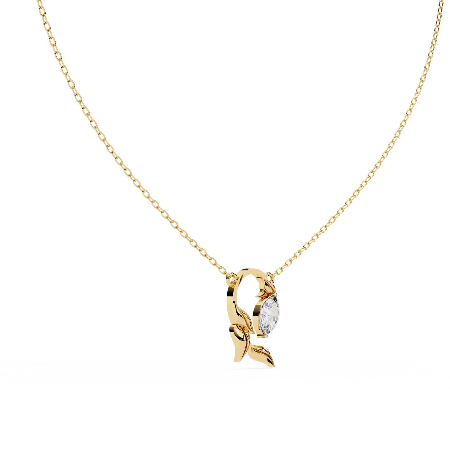 Golden Leaf Marquise Solitaire Necklace Pendent- 0.6 Ct Diamonds