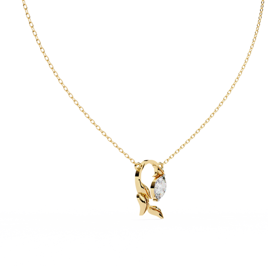 Golden Leaf Marquise Solitaire Necklace Pendent- 0.6 Ct Diamonds
