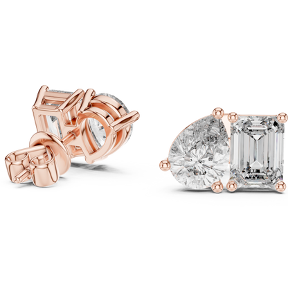 3.6ctw Emerald and Pear Cut Diamond Toi et Moi Stud Earrings in Solid Gold