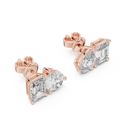 3.6ctw Emerald and Pear Cut Diamond Toi et Moi Stud Earrings in Solid Gold