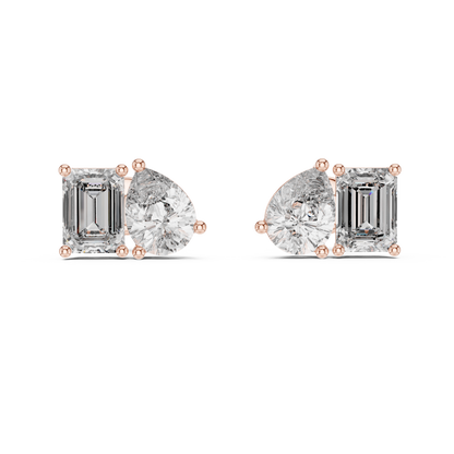 3.6ctw Emerald and Pear Cut Diamond Toi et Moi Stud Earrings in Solid Gold