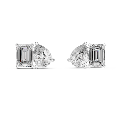 3.6ctw Emerald and Pear Cut Diamond Toi et Moi Stud Earrings in Solid Gold
