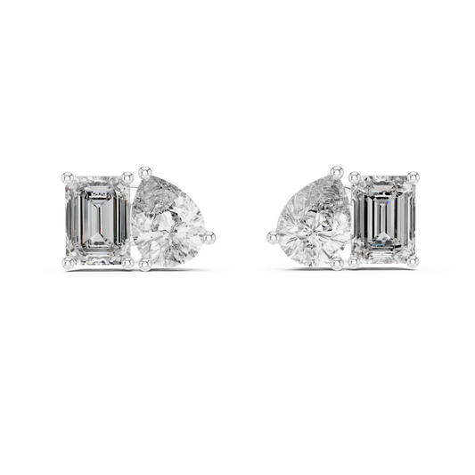 3.6 Carat Emerald and Pear Cut Diamond Toi et Moi Stud Earrings in Solid Gold
